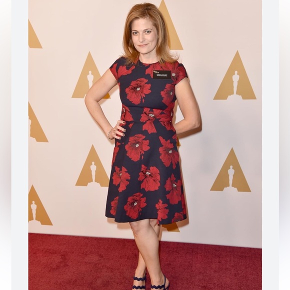 Lela Rose Navy & Red Poppy Floral Cap Sleeve A-Line Dress Sz 8 - Picture 3 of 10